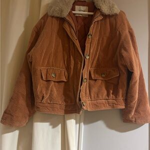 Pull&Bear Tan/Orange Corduroy Jacket Faux Fur Collar, Cropped M Quilted Coat